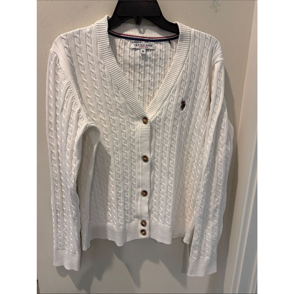 U.S.Polo Assn. white Cable knit V-neck Cardigan cotton classic size medium